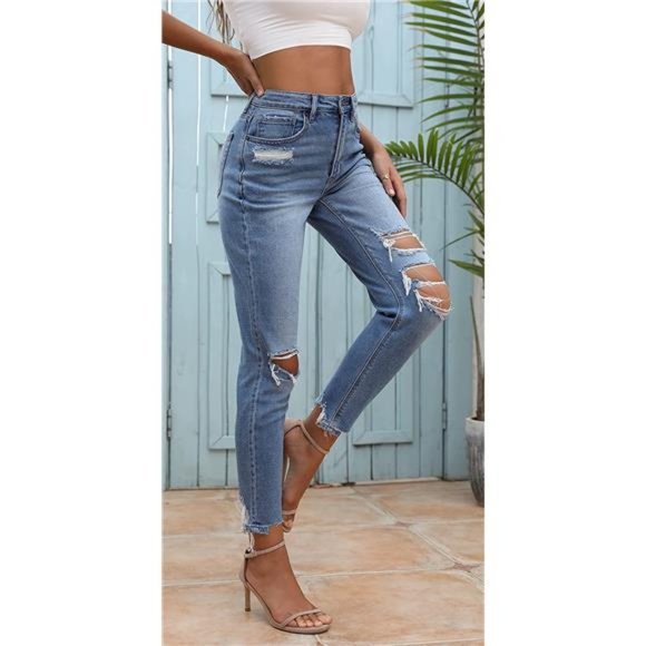 Women Stretch Ripped High Waisted Jeans Frayed Raw Hem Distressed Denim Pants - Picture 5 of 6